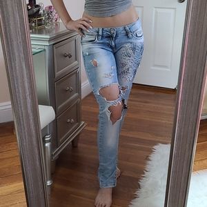Low waist womens jeans with rhinestone accents